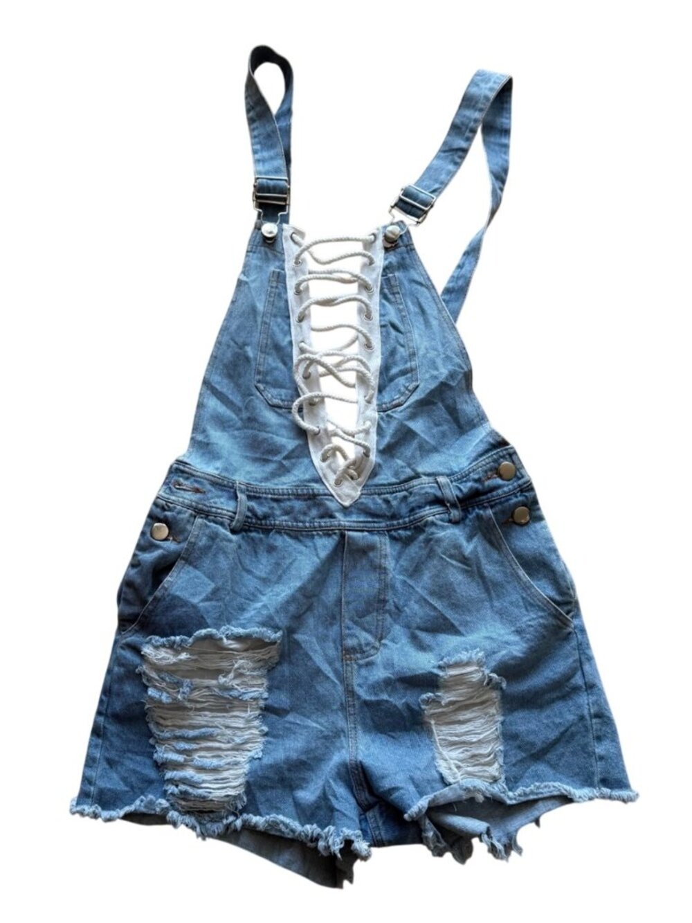 Rehab Distressed Denim Overall Shorts With Adjustable Straps & Lace-Up Front Sma